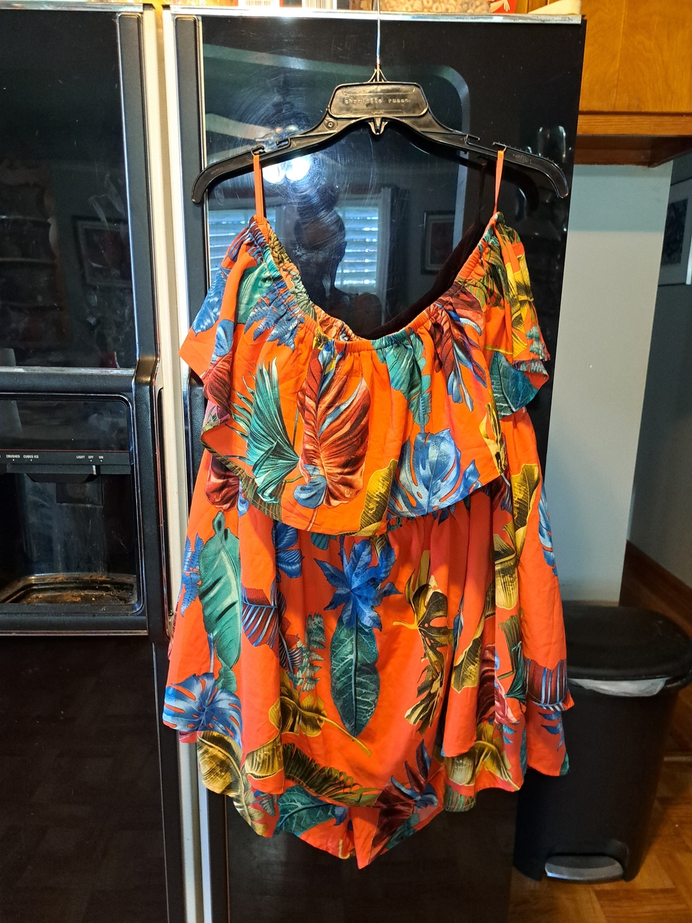 Fashion Nova Orange Tropical Off-Shoulder Camisole with Blue & Green Leaves